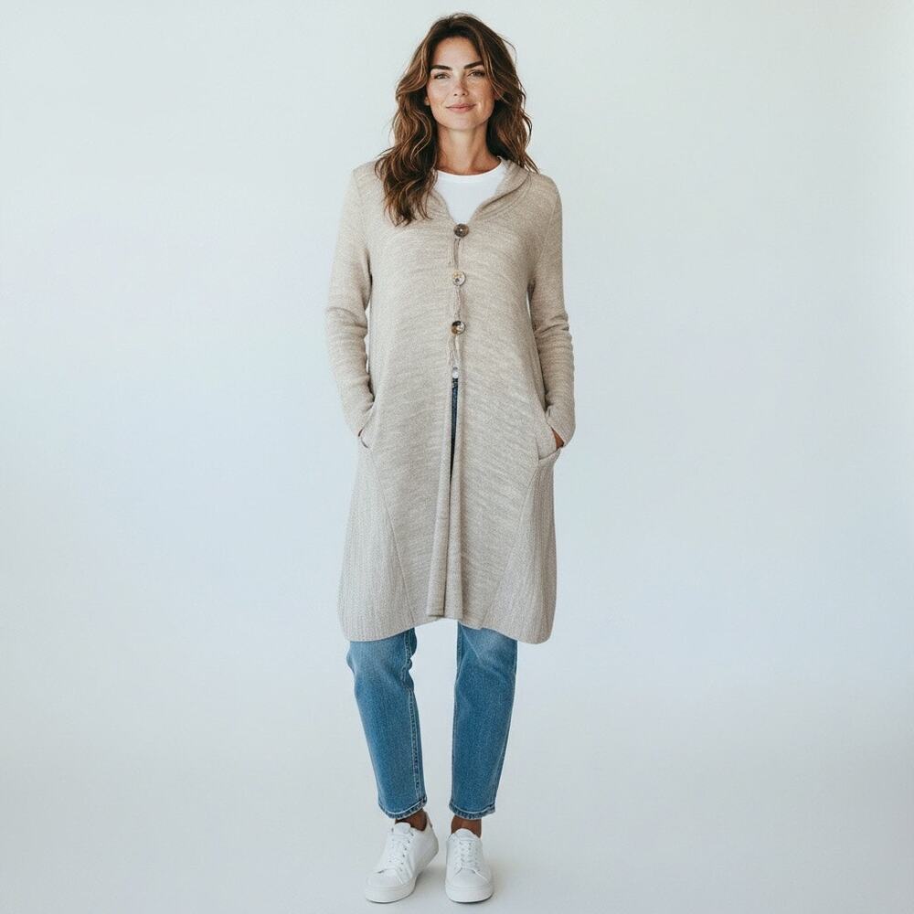 Scala Small modern knit cream oatmeal neutral beige duster button up cardigan
